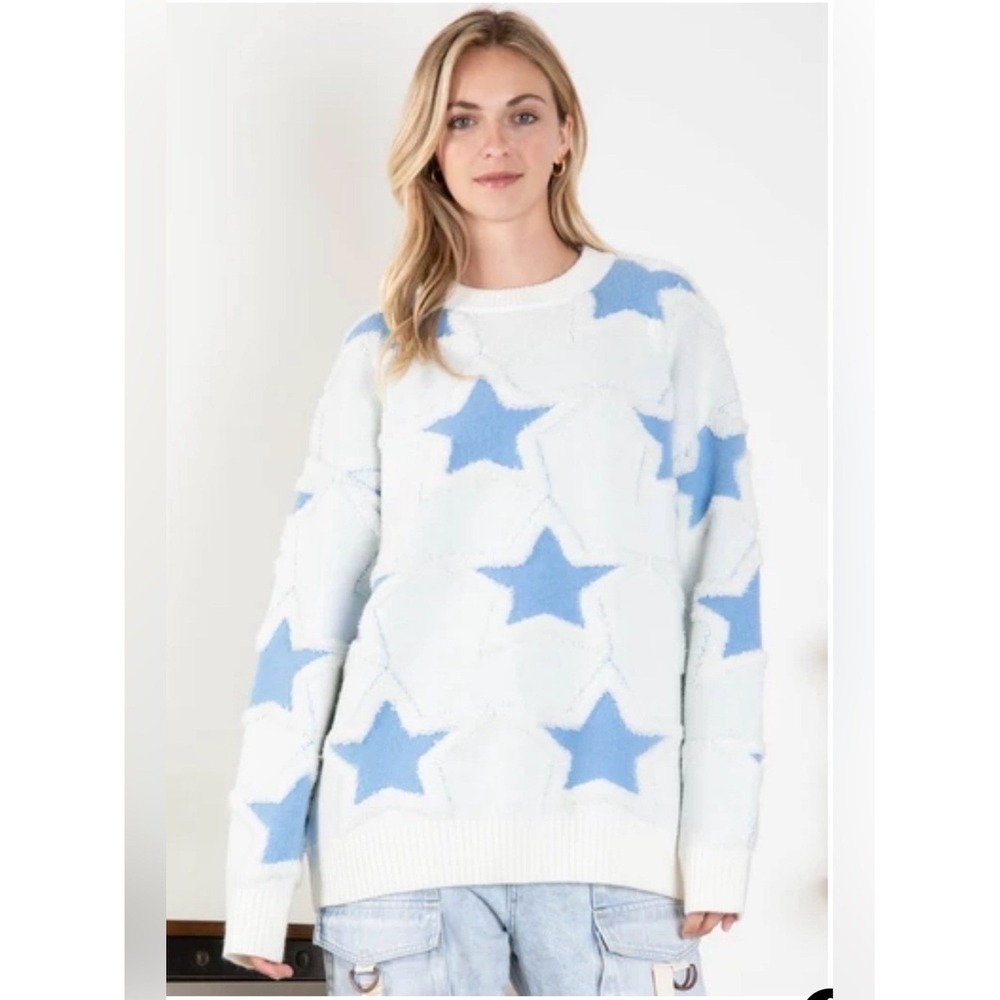 BLUE VELVET‎ NWT Oversized Star Print Cozy Knit Sweater with Pockets, M/L